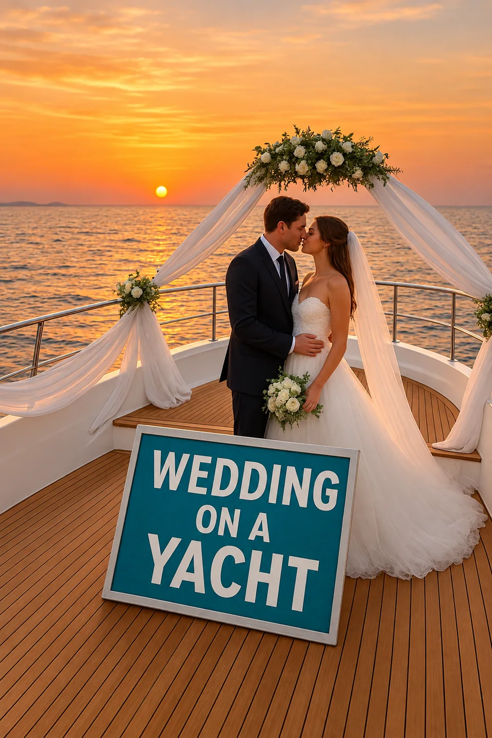 Boda en yate al atardecer